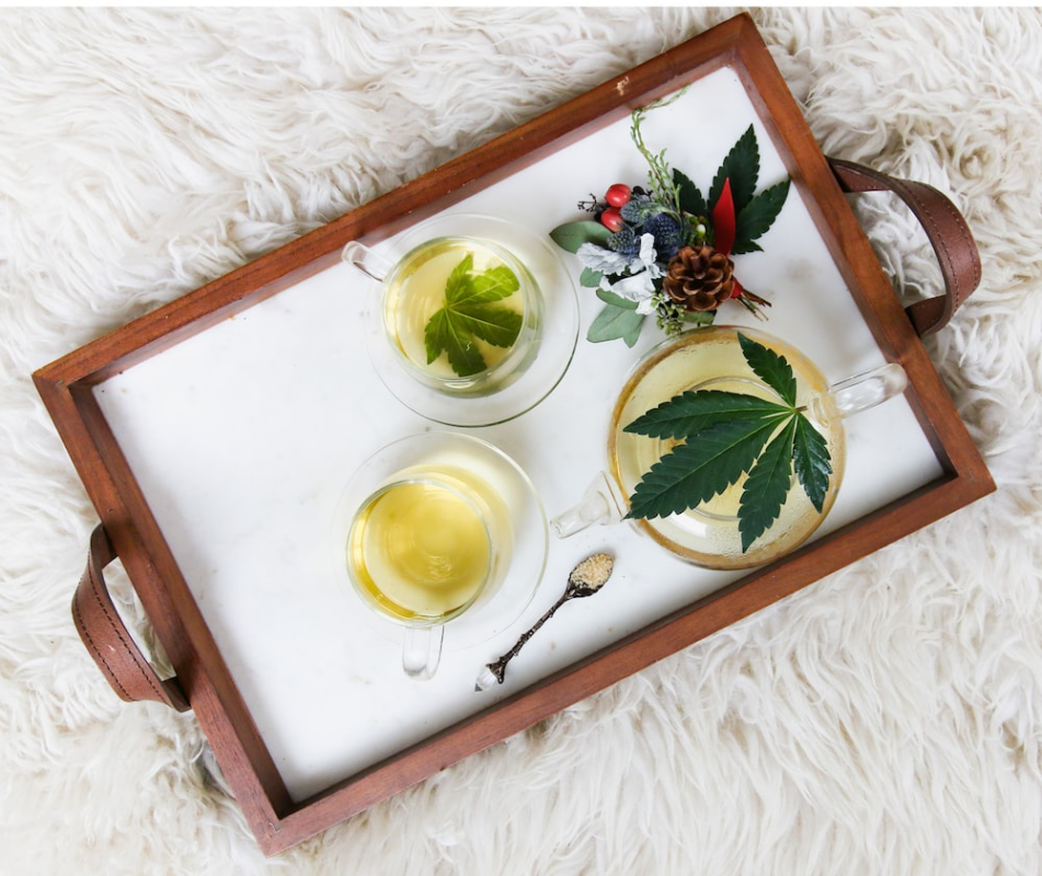 CBD oil and tea in a tray