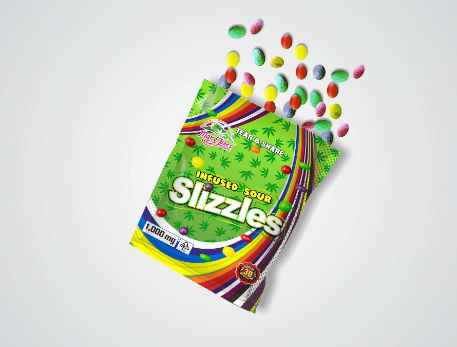 A packet of Sour Sizzles 1,000 MG Full Spectrum CBD Edible.