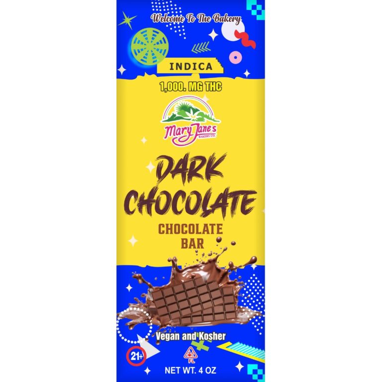 A dark chocolate bar packaging from Mary Jane's Bakery Co, containing 1000 mg THC. The bar is vegan and kosher. The packaging highlights "Indica" strain and is labeled for adults 21+ only.