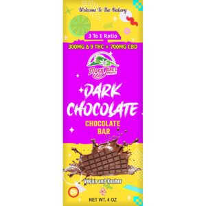 Dark chocolate bar packaging, 300 mg Δ9 THC + 700 mg CBD, 3 to 1 ratio, vegan and kosher, 4 oz size.