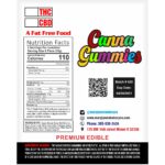 Backside of Canna Gummies packaging showing nutrition facts, THC and CBD content, ingredients, and batch information.