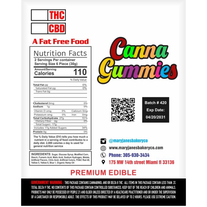 Backside of Canna Gummies packaging showing nutrition facts, THC and CBD content, ingredients, and batch information.