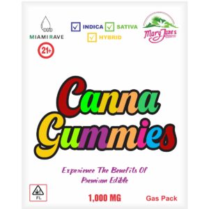 Packaging of Canna Gummies by Mary Jane's Bakery Co., featuring 1,000 MG of premium edible with indica, sativa, and hybrid options.