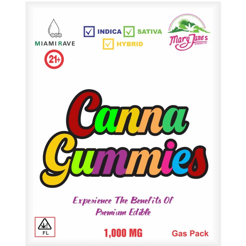 Packaging of Canna Gummies by Mary Jane's Bakery Co., featuring 1,000 MG of premium edible with indica, sativa, and hybrid options.