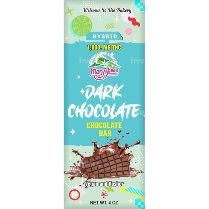 Mary Jane's Bakery Co dark chocolate hybrid THC chocolate bar packaging, with 1000 mg THC. The bar is vegan and kosher, designed for adults 21+. The packaging features bright colors with playful designs.