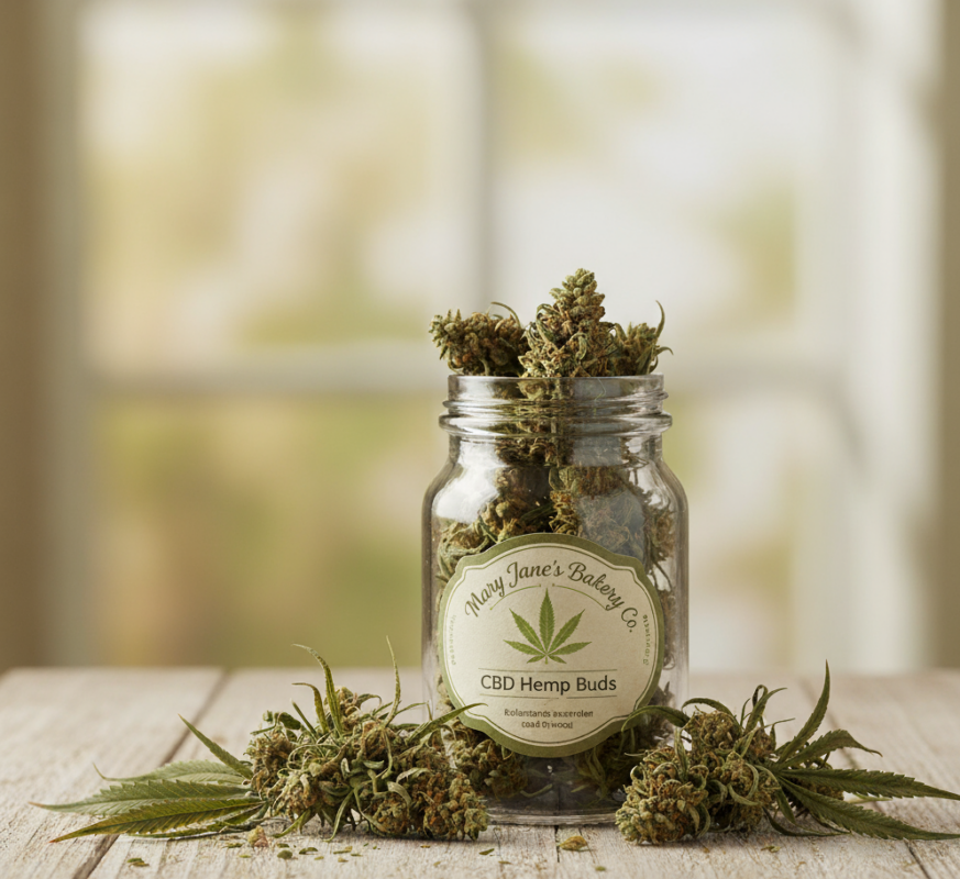A jar of Charlotte's Web CBD Hemp Buds surrounded by natural hemp leaves and flowers, set against a soft earthy background. The product label is visible, highlighting its organic and calming qualities.