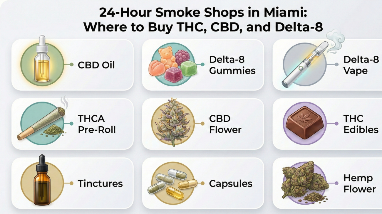 Infographic showing CBD oil, THC edibles, Delta-8 vapes, hemp flower, capsules, tinctures, and pre-roll icons labeled by product type