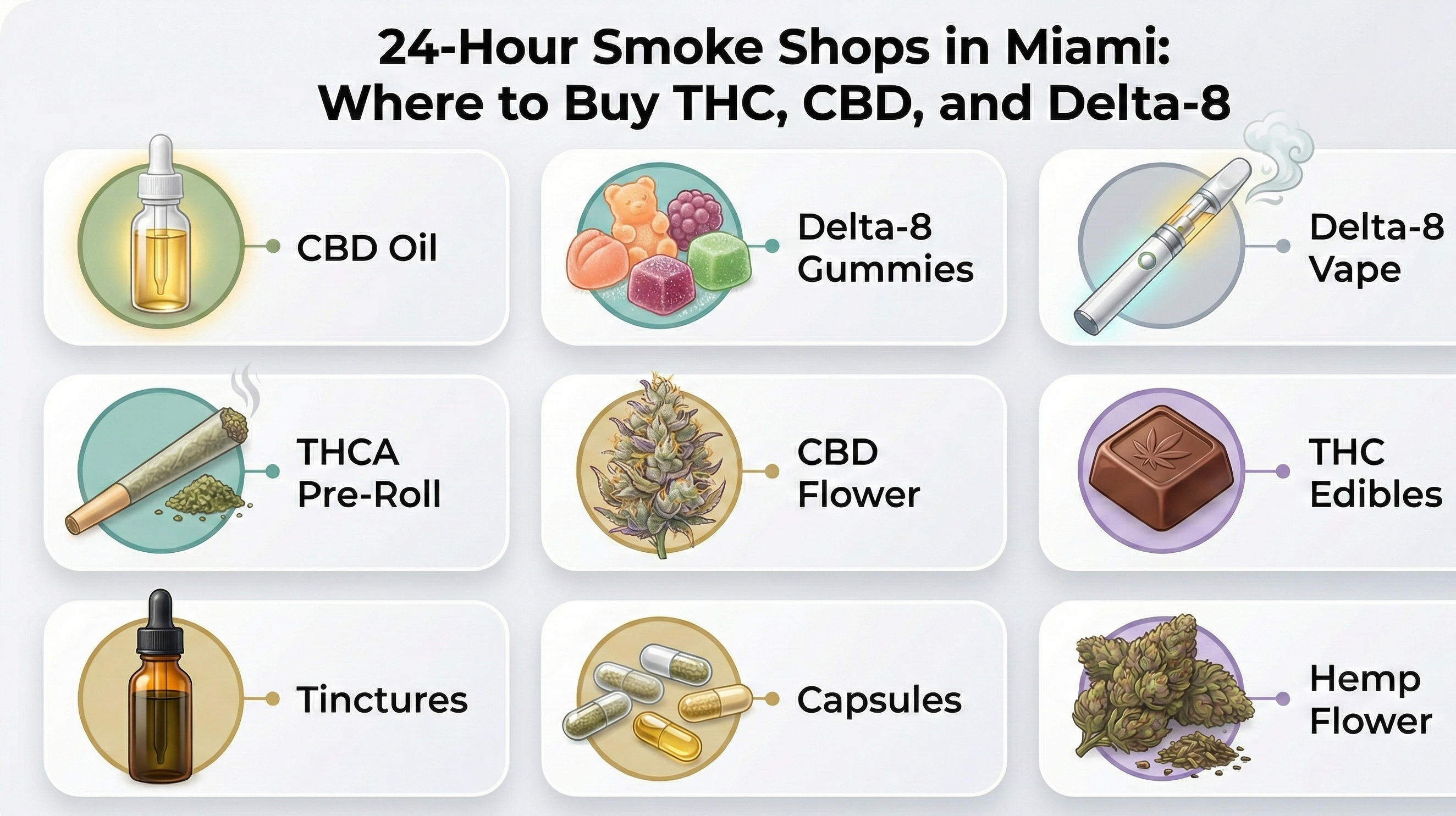 Infographic showing CBD oil, THC edibles, Delta-8 vapes, hemp flower, capsules, tinctures, and pre-roll icons labeled by product type