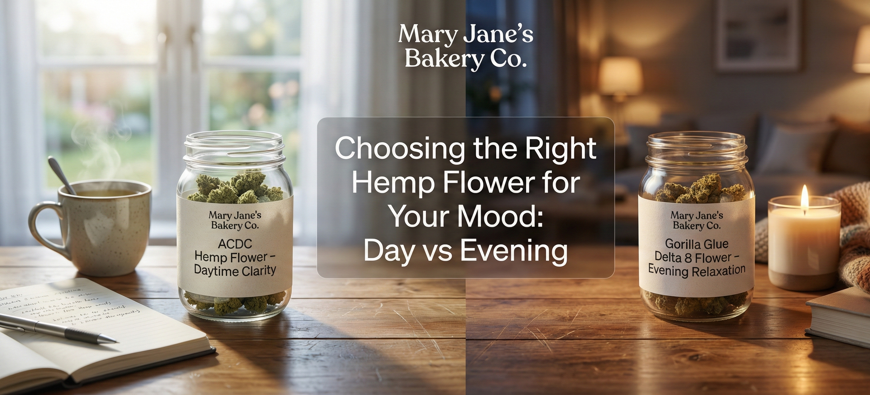 Hemp flower jars from Mary Jane’s Bakery Co. showing ACDC for daytime use and Gorilla Glue Delta 8 for evening relaxation on a wooden table with morning and evening lighting.