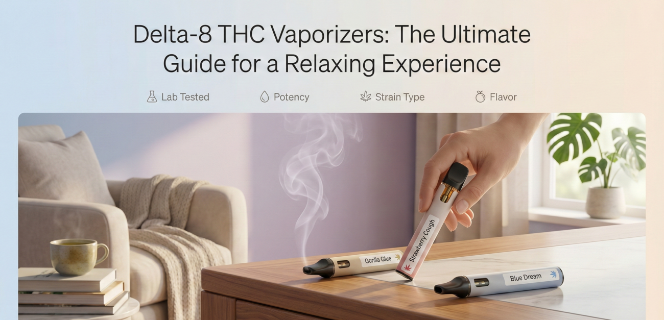 Delta-8 THC vaporizers from Mary Jane’s Bakery Co. with a gentle vapor cloud, showcasing strain types and sleek designs in a minimalist, relaxing setting."