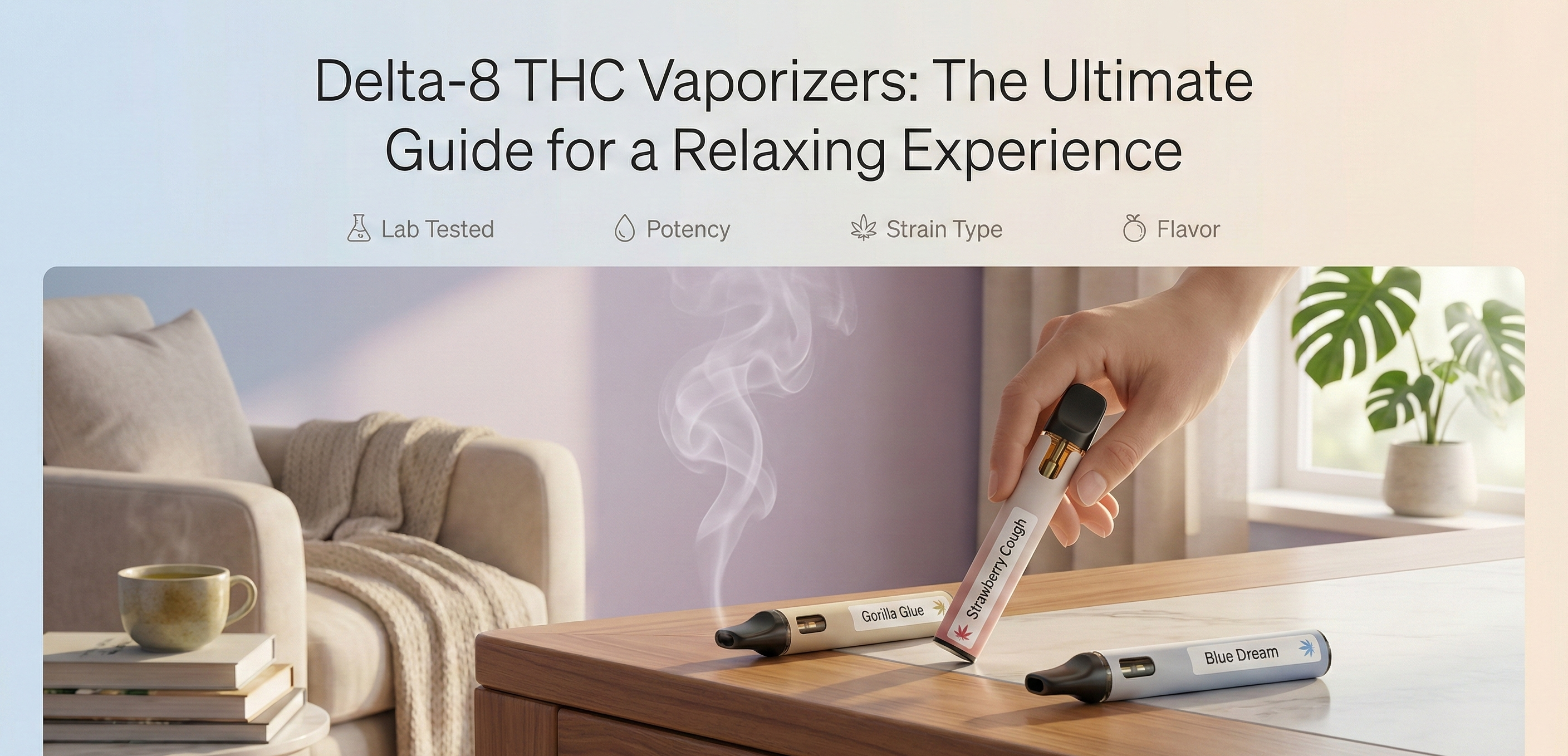 Delta-8 THC vaporizers from Mary Jane’s Bakery Co. with a gentle vapor cloud, showcasing strain types and sleek designs in a minimalist, relaxing setting."