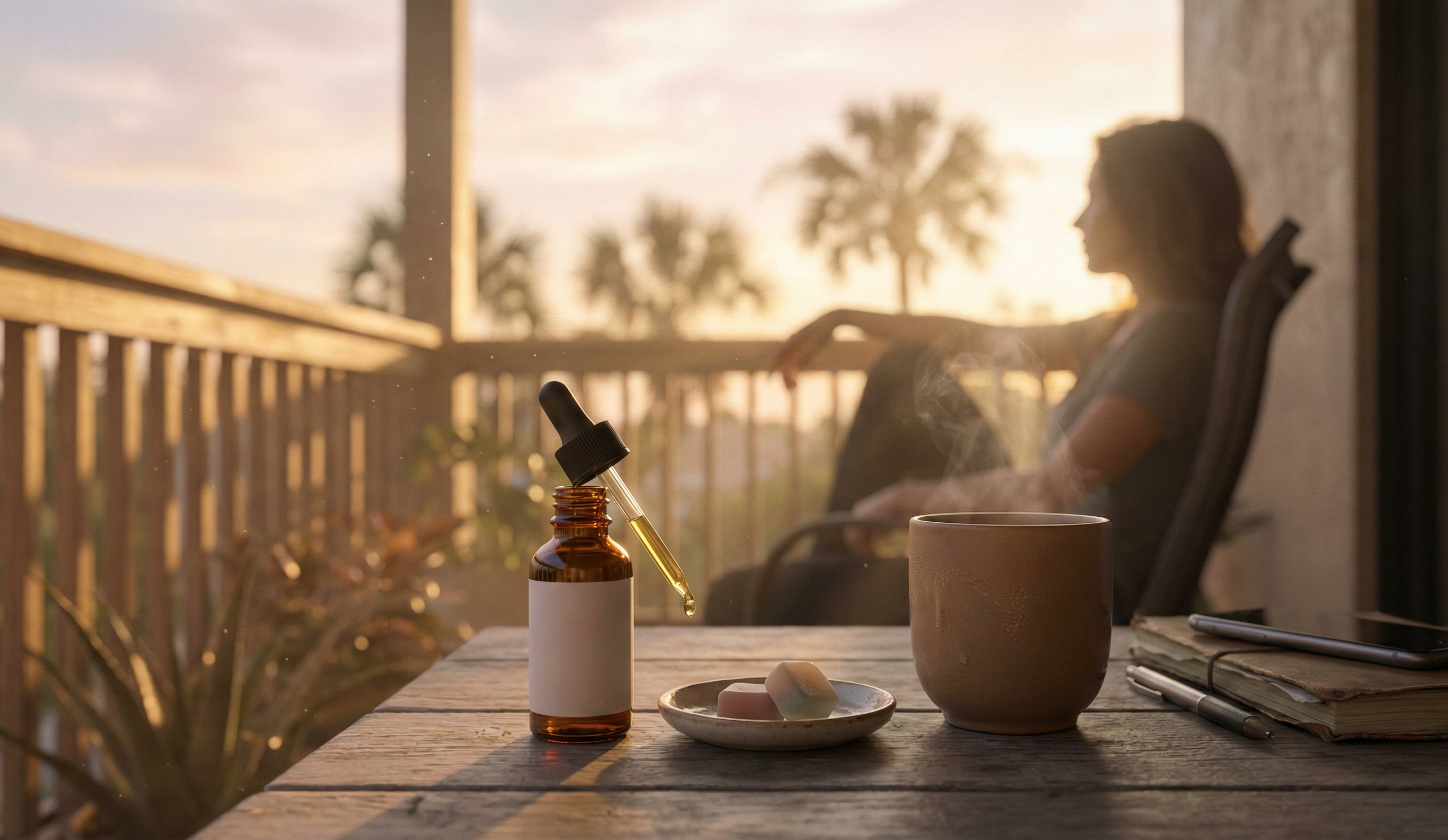 CBD oil and gummies on a Florida balcony during sunset, symbolizing calm and relief