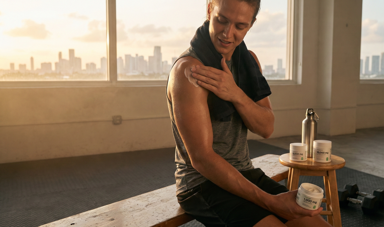 athlete applying CBD topical cream for post-workout muscle recovery in a united state gym