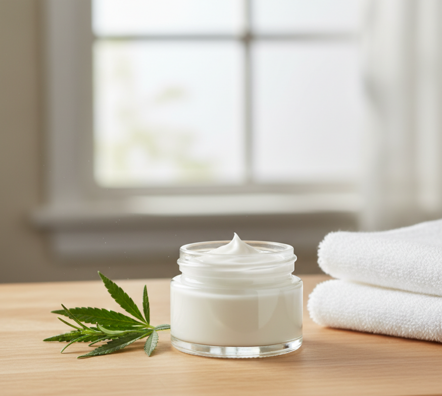 Jar of full-spectrum CBD topical relief cream on a wooden counter beside a hemp leaf and towel in natural daylight.