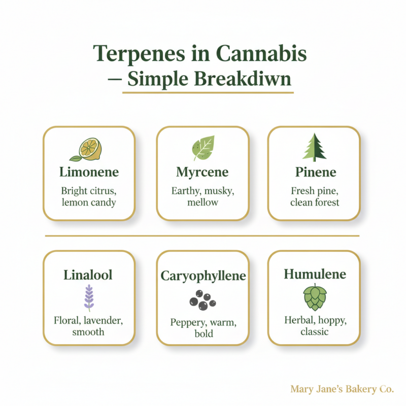 Cannabis terpene infographic showing limonene, myrcene, pinene, linalool, caryophyllene and humulene with icons and aroma notes in a clean green and gold design