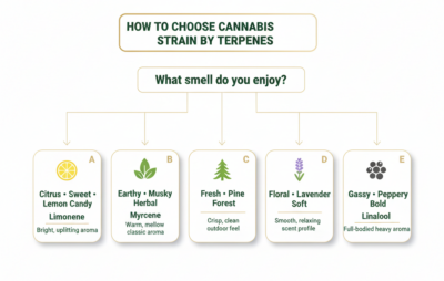 Cannabis terpene flowchart showing how to choose strains by aroma preferences with branches for limonene, myrcene, pinene, linalool and caryophyllene using simple icons and clean green design