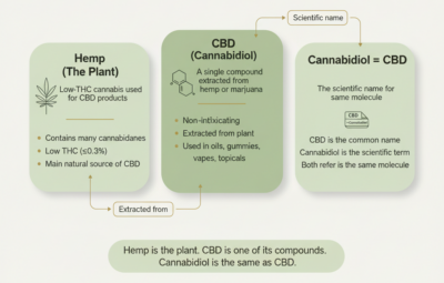 Diagram explaining the difference between hemp, CBD, and cannabidiol showing hemp as the plant, CBD as a compound extracted from it, and cannabidiol as the scientific name for CBD