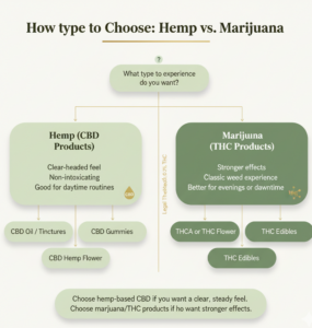 Flowchart showing how to choose between hemp CBD products and marijuana THC products based on desired effects and experience level