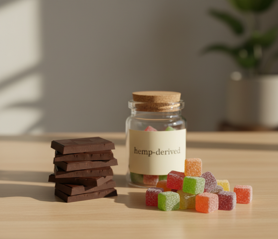 Delta-9 THC dark chocolate squares placed on a wooden surface.