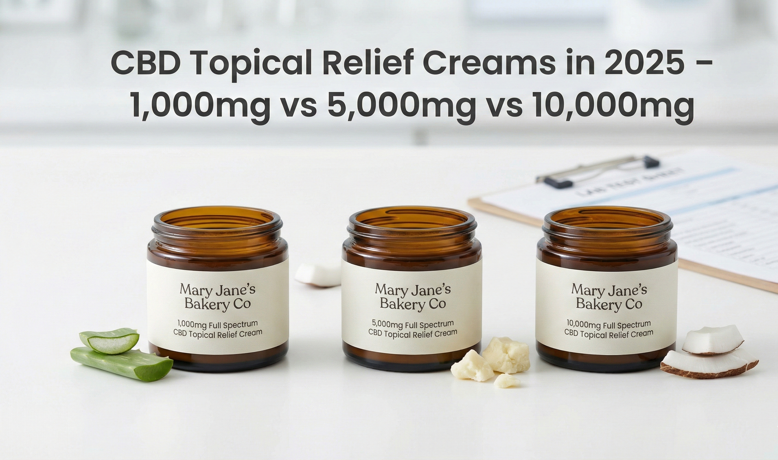 Mary Jane’s Bakery Co Full Spectrum CBD Topical Relief Cream in 1,000mg, 5,000mg, and 10,000mg strengths, formulated for targeted muscle and joint support.
