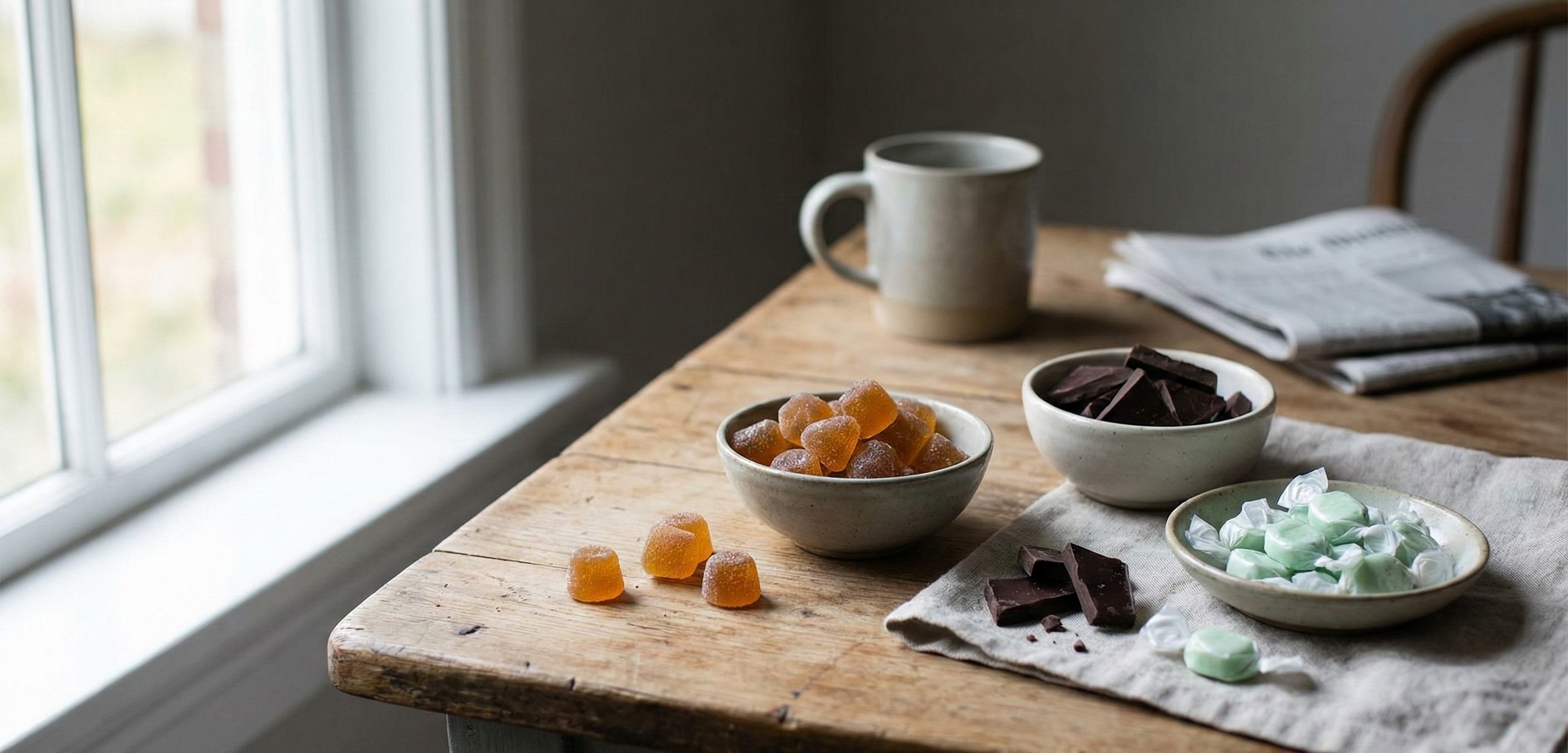 CBD edibles including gummies, candy, and chocolate displayed in a calm, everyday setting