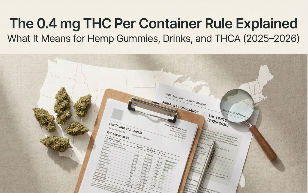 The 0.4 mg THC per container rule explained and how new hemp laws affect gummies, drinks, and THCA products in 2025–2026