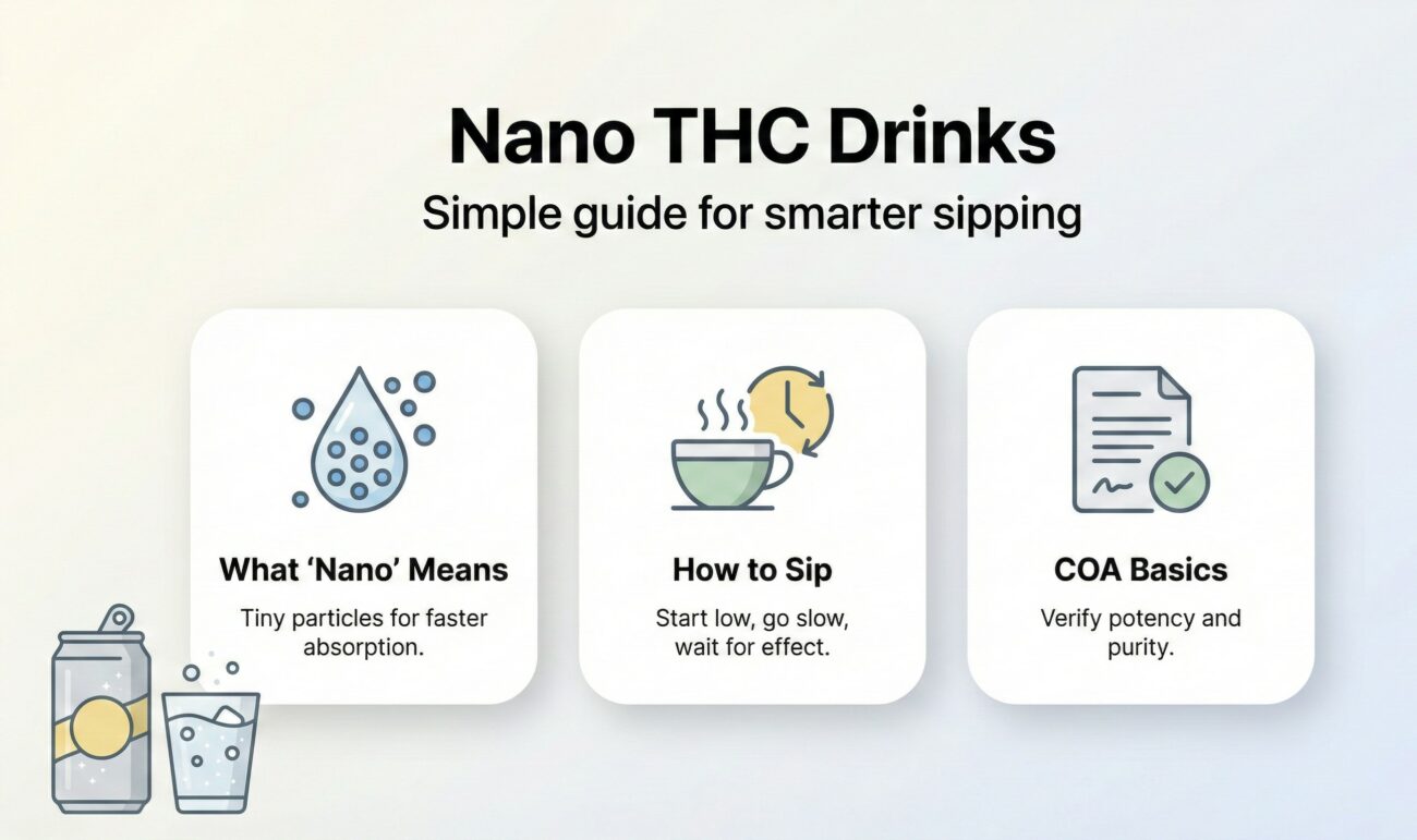 Nano THC drinks guide explaining what nano infusion means, how fast-acting THC beverages work, COA basics, and sip-by-sip dosing tips