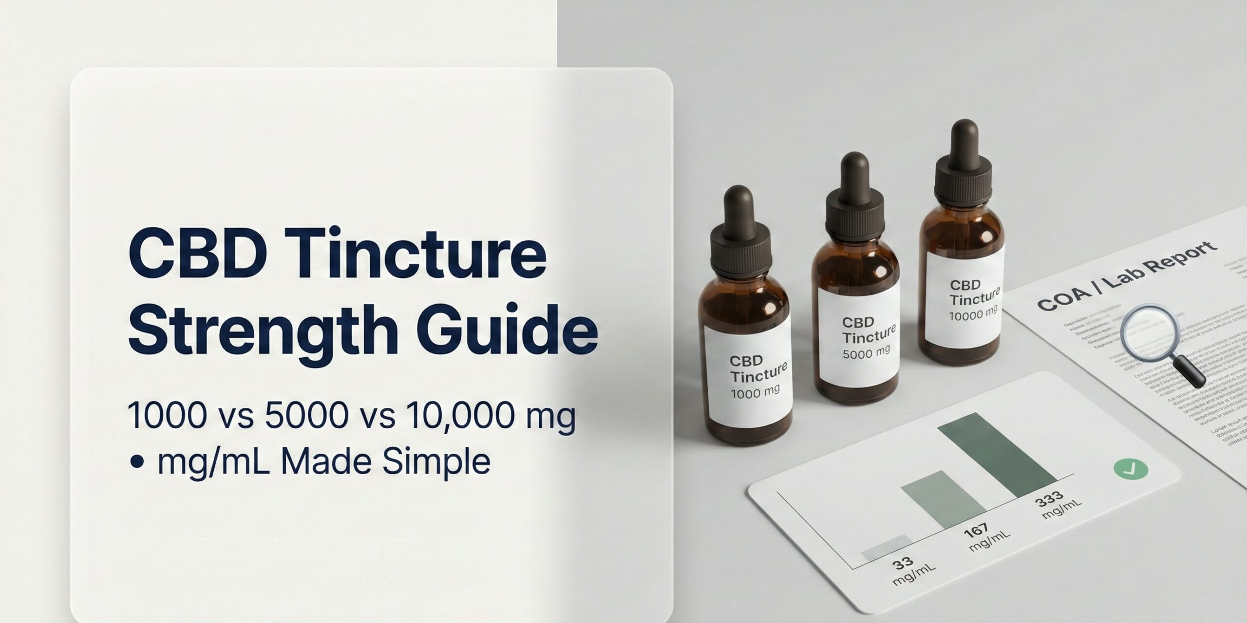 CBD tincture strength guide comparing 1000 vs 5000 vs 10,000 mg, explaining mg/mL and how to read a COA before buying.
