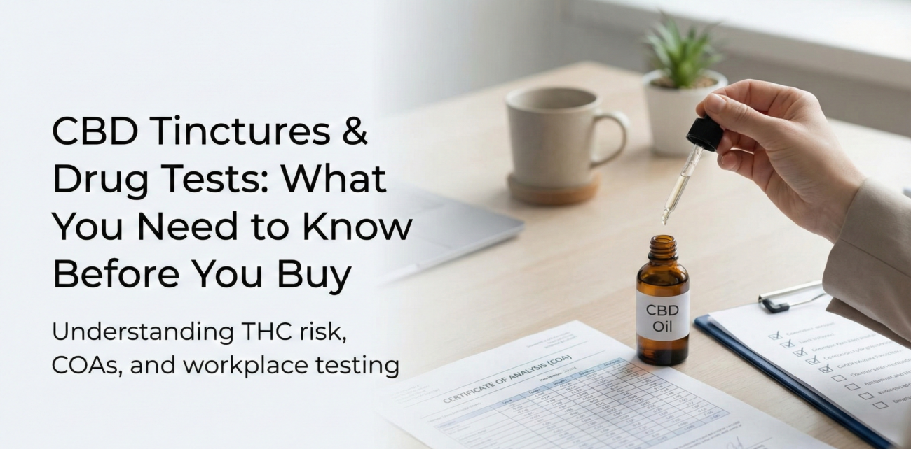 CBD tinctures and drug testing guide explaining THC metabolite risk, full spectrum vs broad spectrum vs isolate, and how to verify THC on a COA
