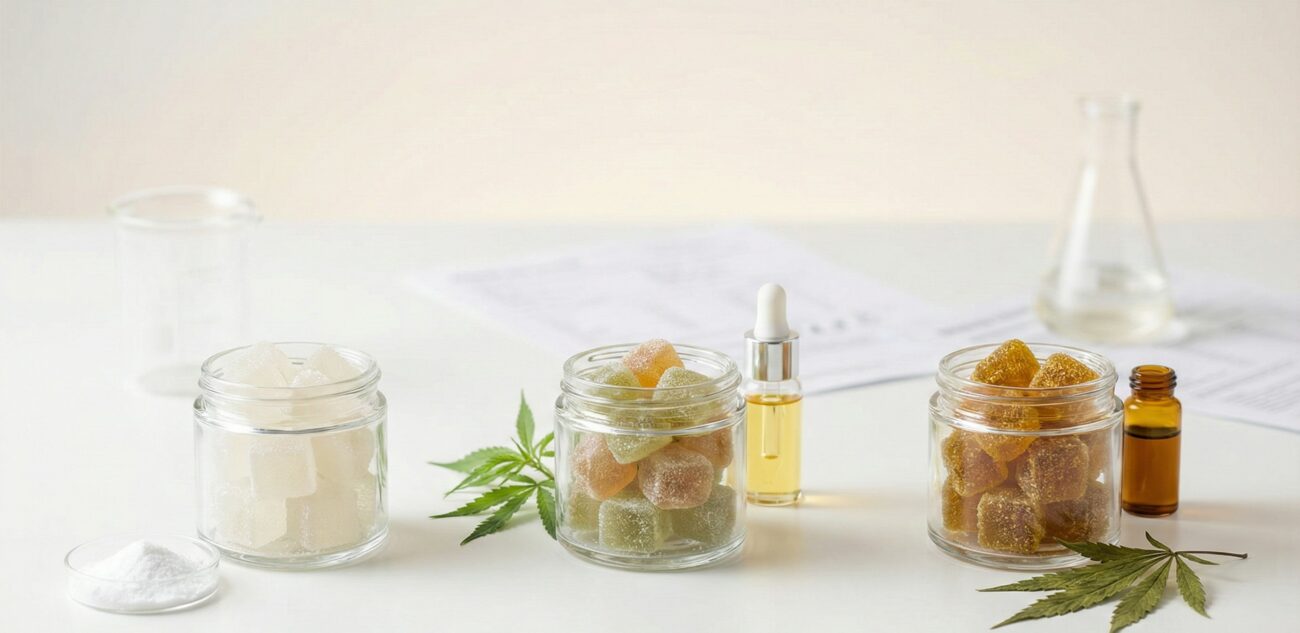 CBD isolate, broad-spectrum, and full-spectrum gummies in labeled jars with hemp extract ingredients