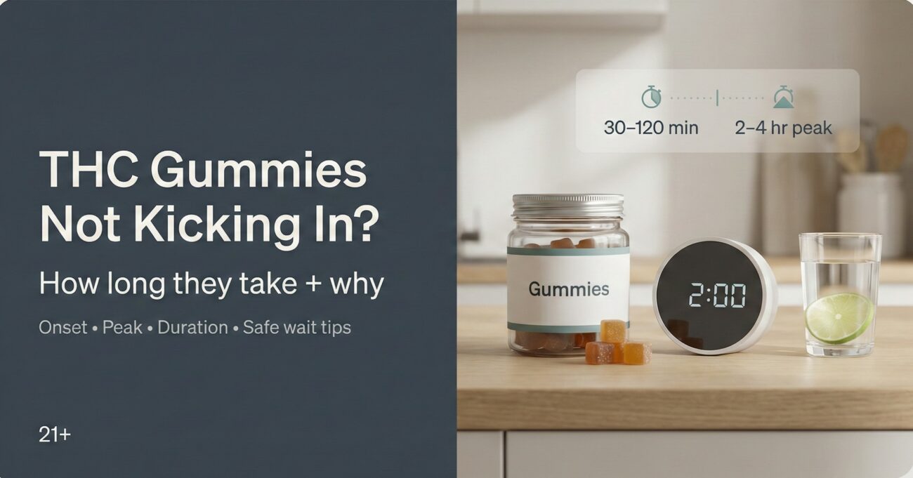 THC gummies not kicking in? Guide to onset time (30–120 minutes), peak effects, and common delay reasons like food, dose, and tolerance.