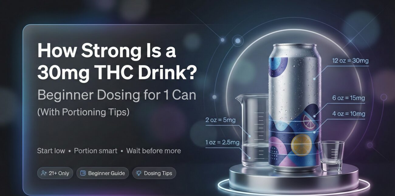 beginner guide on how strong a 30mg THC drink is, with portioning tips for one can and THC dosing amounts