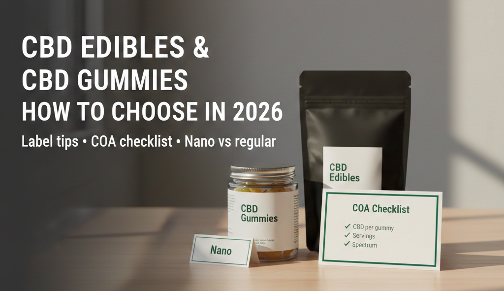 CBD edibles and CBD gummies guide for 2026 explaining how to choose the right type, compare nano vs regular, and use a COA checklist to shop confidently.