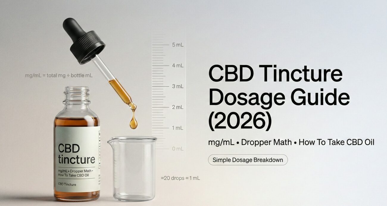 CBD tincture dosage guide explaining mg per mL, dropper math, and how to take CBD oil under the tongue