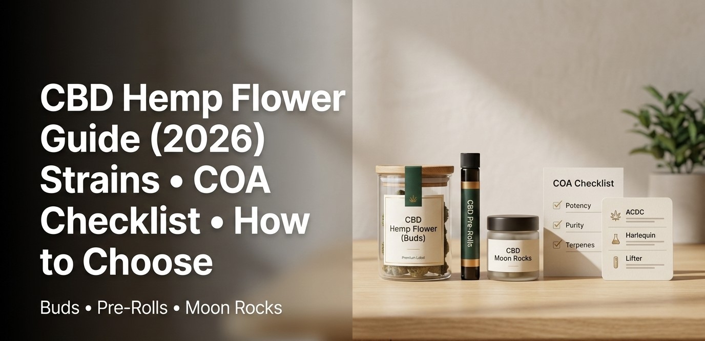 CBD hemp flower guide for 2026 covering how to choose buds, pre-rolls, or moon rocks, compare popular strains, use a COA checklist, and understand drug test and legality notes.