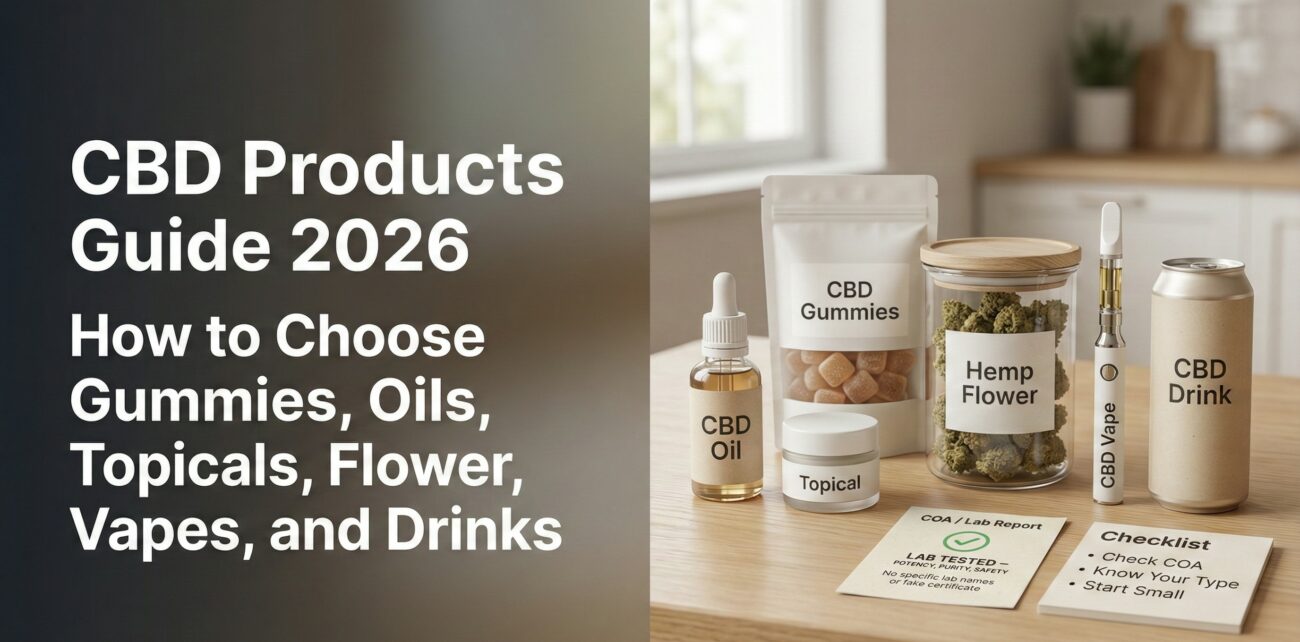 CBD products guide for 2026 explaining how to choose gummies, oils, topicals, hemp flower, vapes, and drinks, with COA checks and drug test basics.
