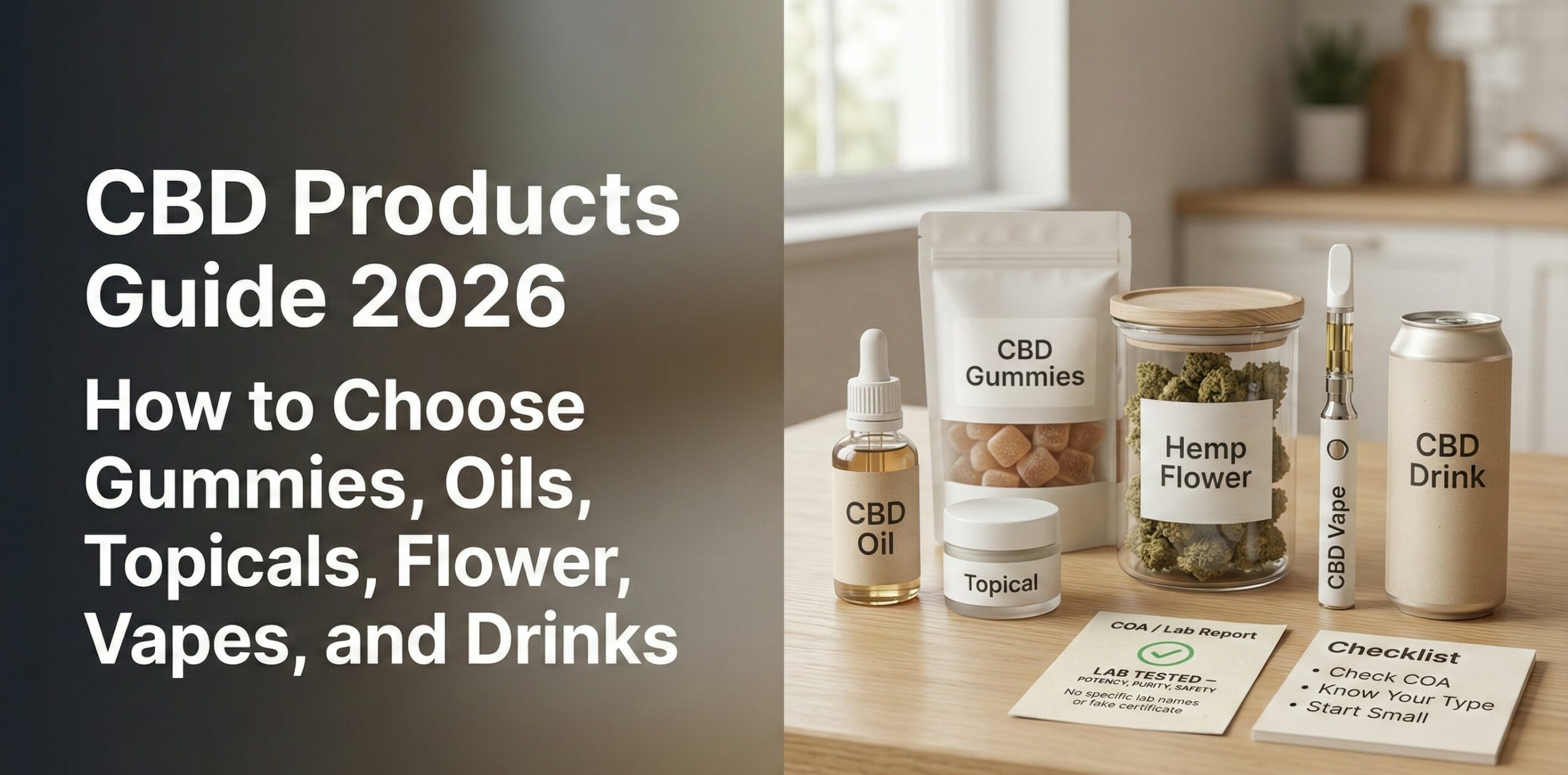 CBD products guide for 2026 explaining how to choose gummies, oils, topicals, hemp flower, vapes, and drinks, with COA checks and drug test basics.