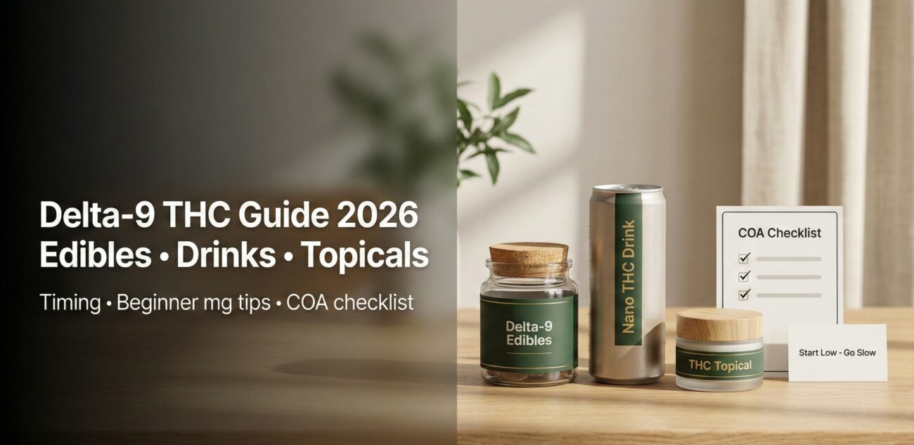 Delta-9 THC guide for 2026 comparing edibles, nano drinks, and topicals with onset timing, beginner dosing tips, a COA checklist, and how to choose the right format.