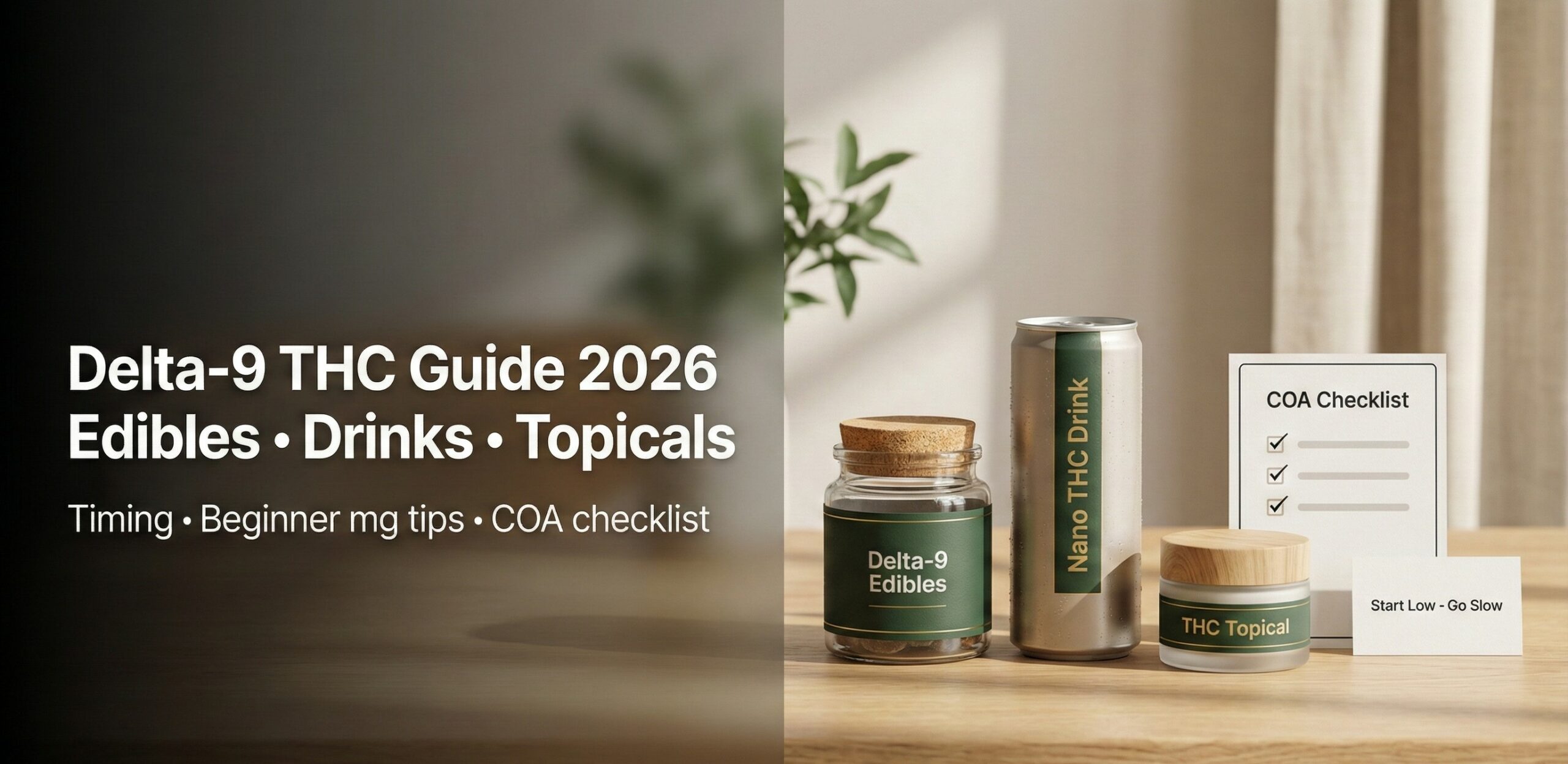 Delta-9 THC guide for 2026 comparing edibles, nano drinks, and topicals with onset timing, beginner dosing tips, a COA checklist, and how to choose the right format.