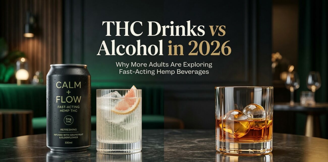 THC drinks vs alcohol in 2026 guide covering fast-acting hemp beverages, dosing, onset, and why some adults are exploring alcohol alternatives