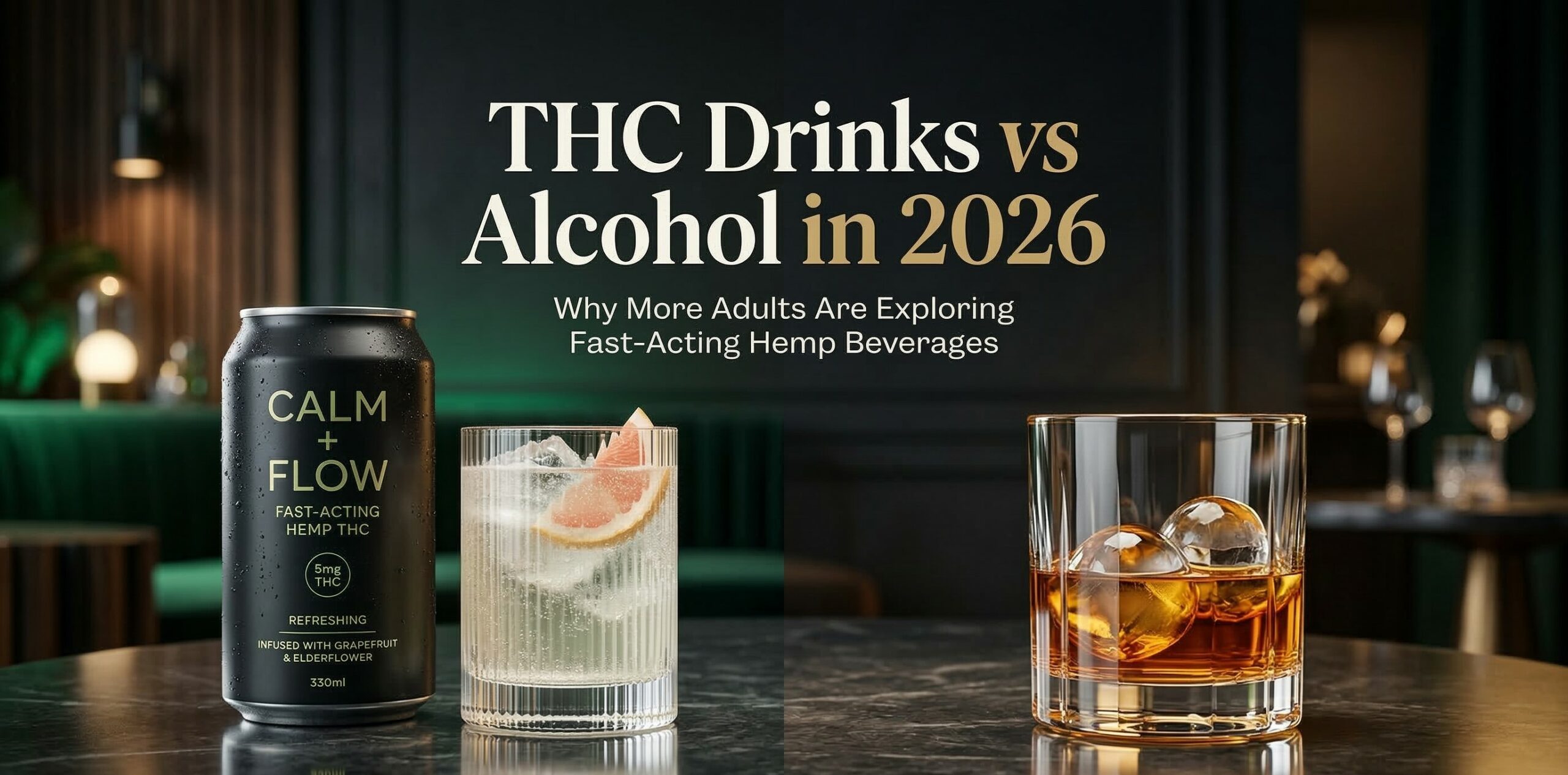 THC drinks vs alcohol in 2026 guide covering fast-acting hemp beverages, dosing, onset, and why some adults are exploring alcohol alternatives