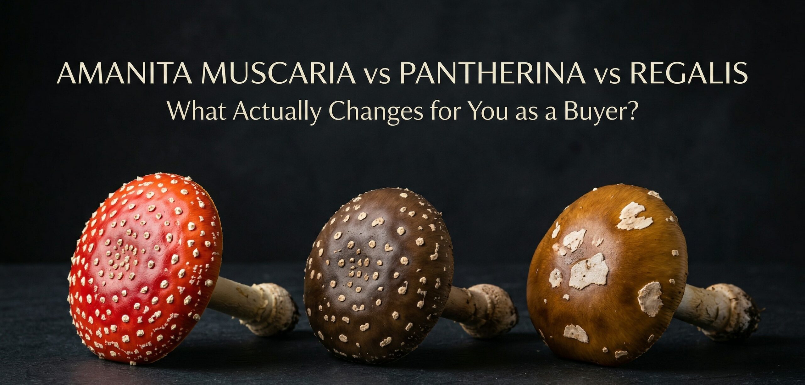 Amanita Muscaria vs Pantherina vs Regalis buyer guide explaining the visual differences, key traits, and how to compare these three Amanita mushroom species before choosing