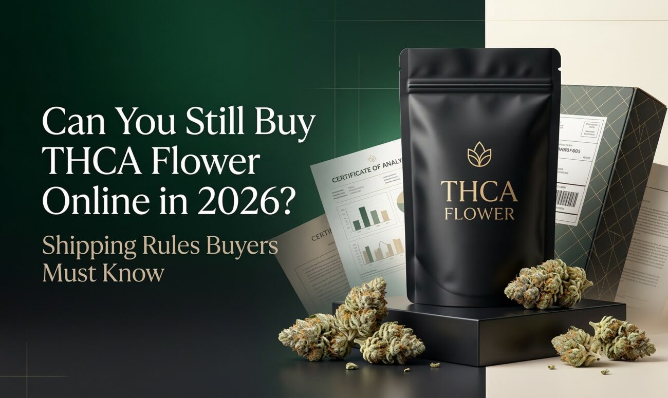 Premium THCA flower pouch with frosty buds, shipping box, and COA for a 2026 guide on buying THCA flower online
