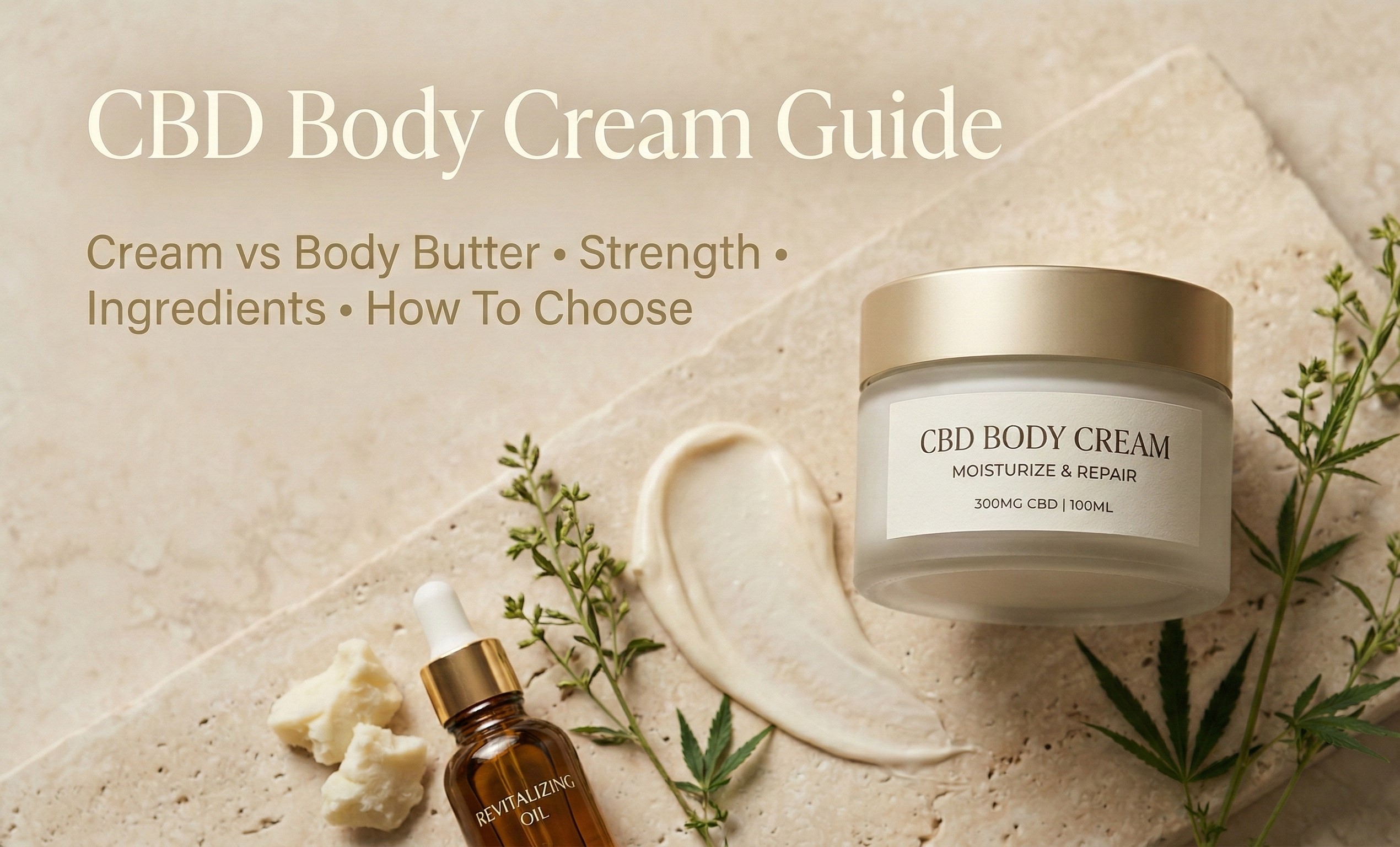 CBD body cream guide covering cream vs body butter, how to choose the right CBD topical strength, ingredients to look for, and smart buying tips.