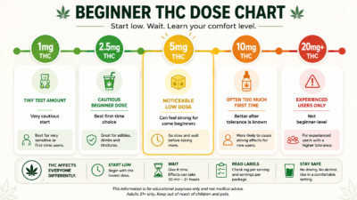 Beginner THC dose chart comparing 1mg, 2.5mg, 5mg, 10mg, and 20mg+ THC for first-time edible and drink users