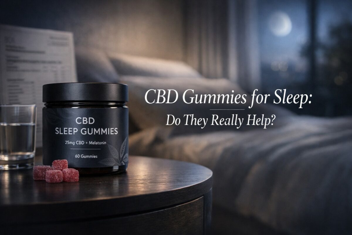 Premium CBD gummies for sleep displayed in a calm nighttime bedroom setting