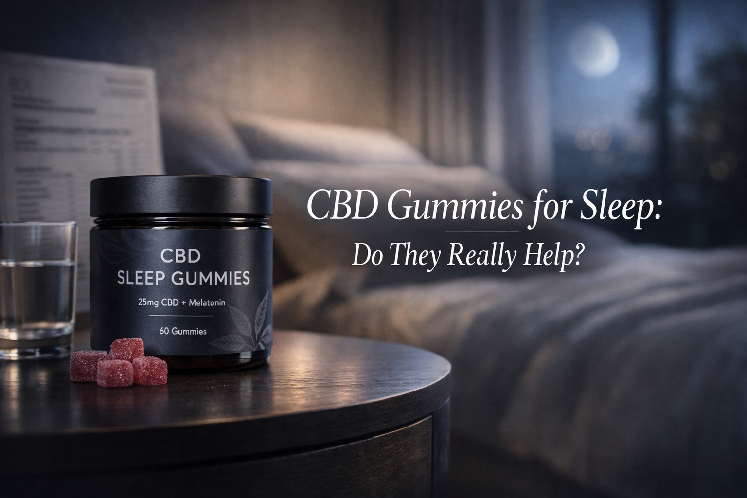 Premium CBD gummies for sleep displayed in a calm nighttime bedroom setting