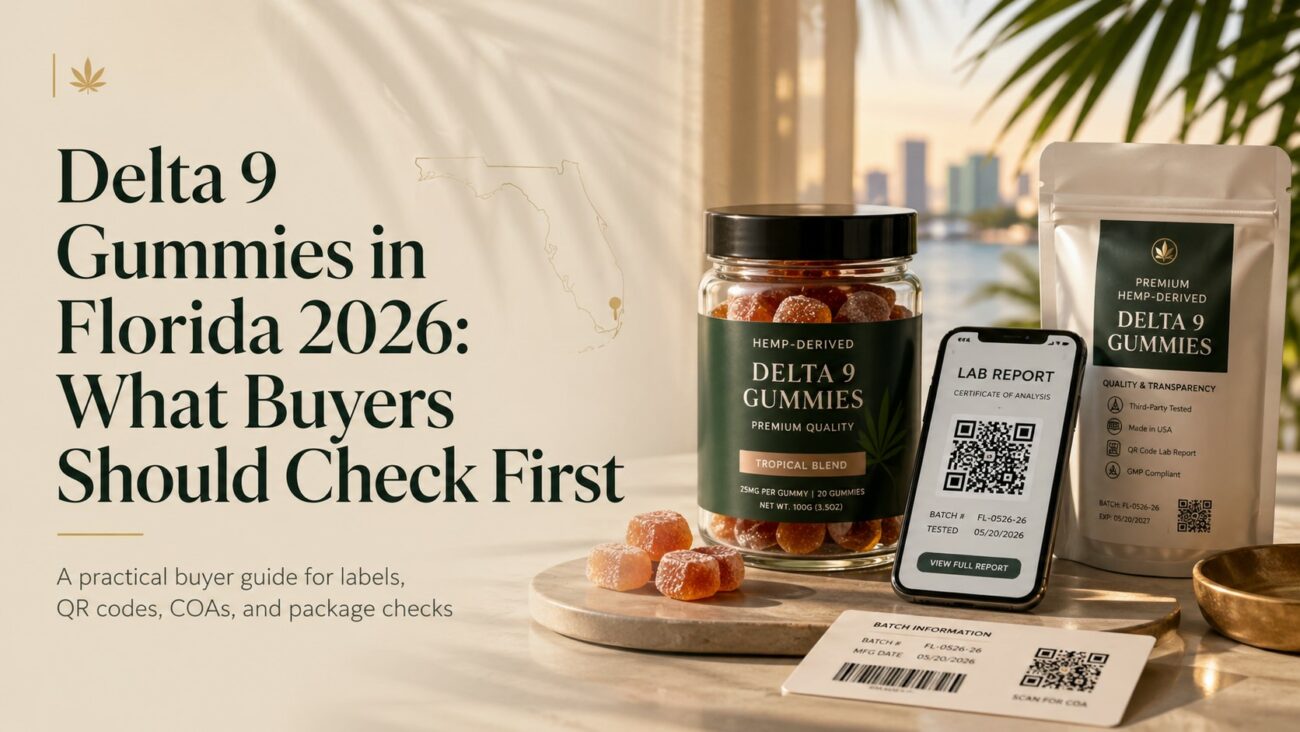 Delta 9 gummies Florida 2026 buyer guide covering QR codes, COAs, serving size, batch details, product labels, and hemp-derived gummy checks