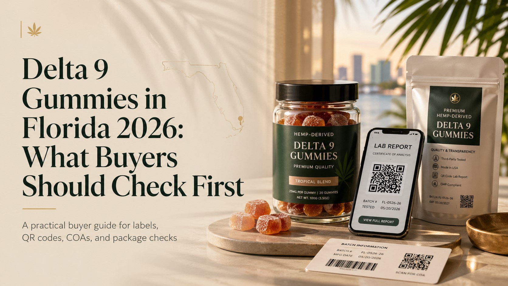 Delta 9 gummies Florida 2026 buyer guide covering QR codes, COAs, serving size, batch details, product labels, and hemp-derived gummy checks