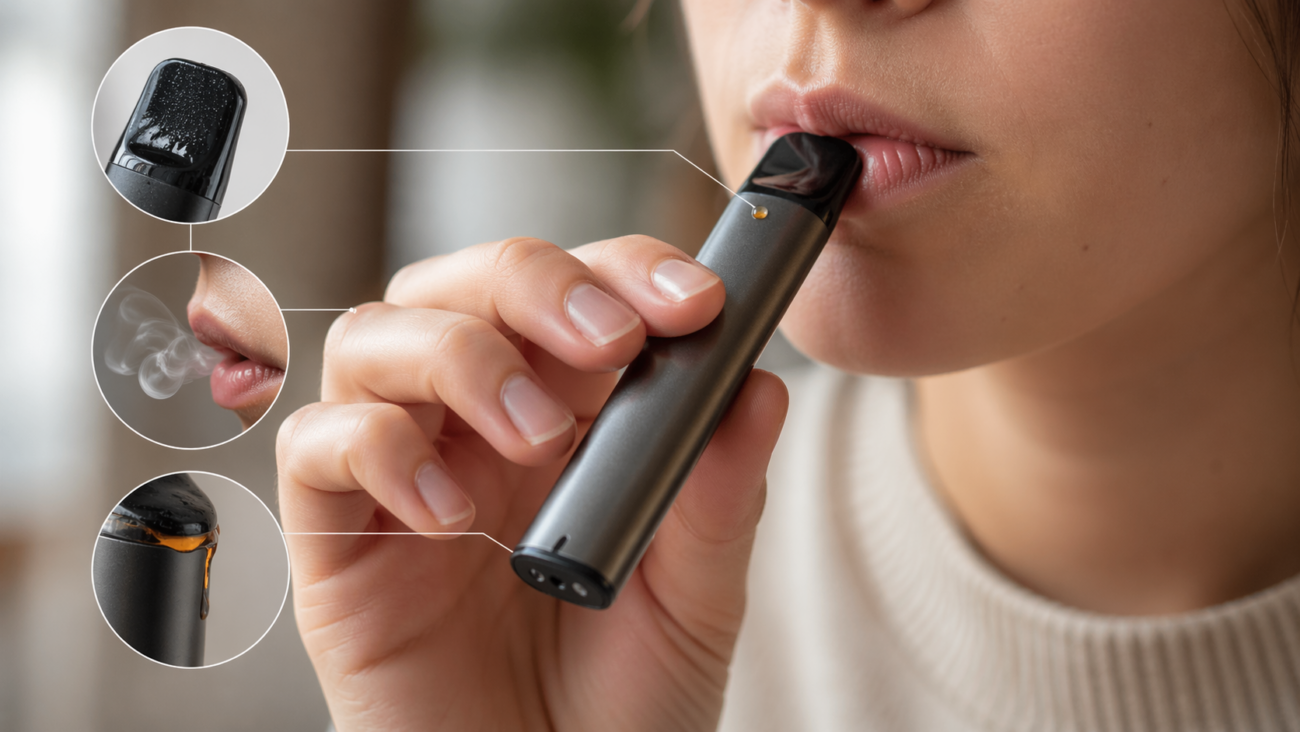 Disposable vape leaking into mouth with visible oil at the mouthpiece in a close-up troubleshooting image